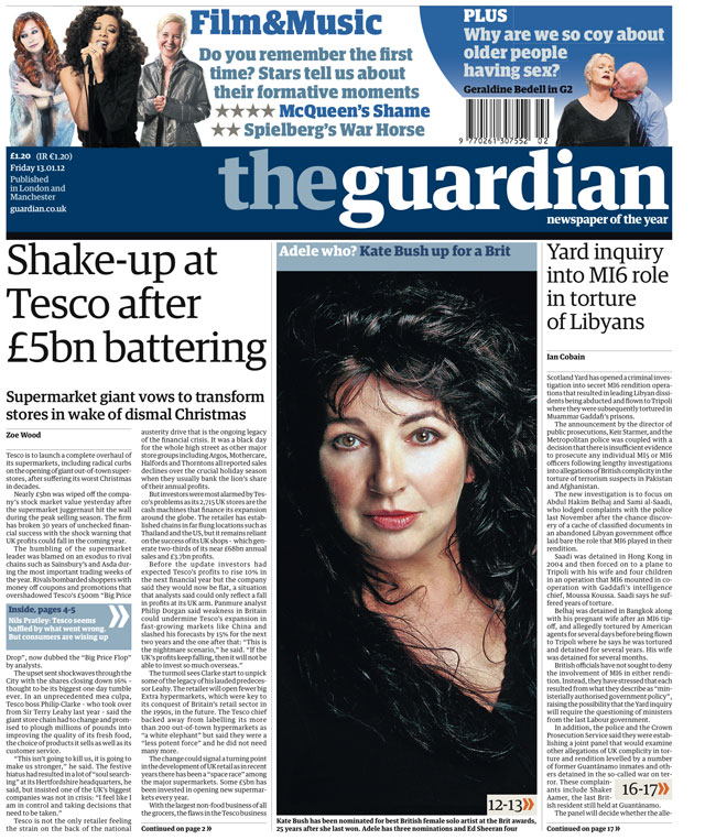 The Guardian front page 13th Jan 2012