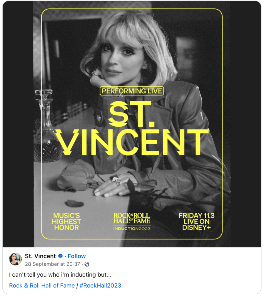 St Vincent inductee image Rock & Roll Hall of Fame and Tweet
