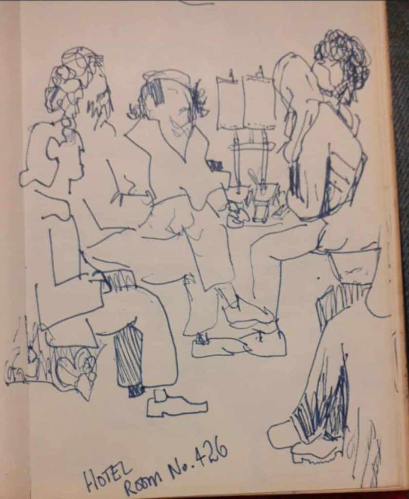 Hamburg post-gig hotel room sketch by Brian Bath 1979 - includes Paddy Bush, Al Murphy and Preston Heyman.