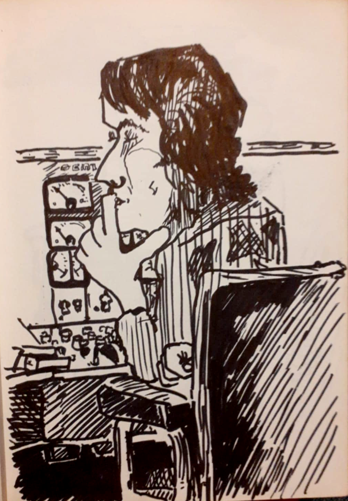 Jon Kelly in the studio - Never For Ever sessions - 1980 - sketch by Brian Bath
