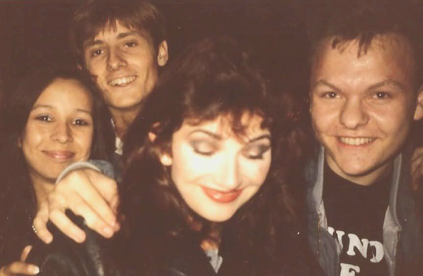 Kate outside the BBC TV studios after her Wogan performance - 5th August 1985 = pictured with Kate Darrell and Paul (right) of Bush Telegraph podcast. 