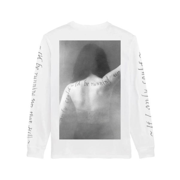 Rear of white long-sleeved Running Up That Hill shirt