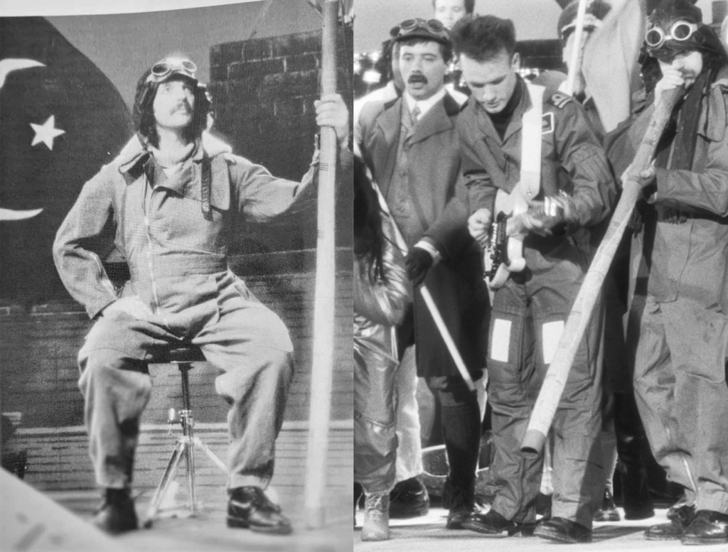 Paddy with dijeridu in The Big Sky video and (right) with Dave Cross and All Murphy on set.