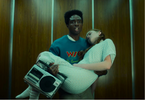 Publicity photo from the Stranger Things Season 5 trailer – Lucas tries to save Max (and her favourite Kate Bush music!) from demonic forces