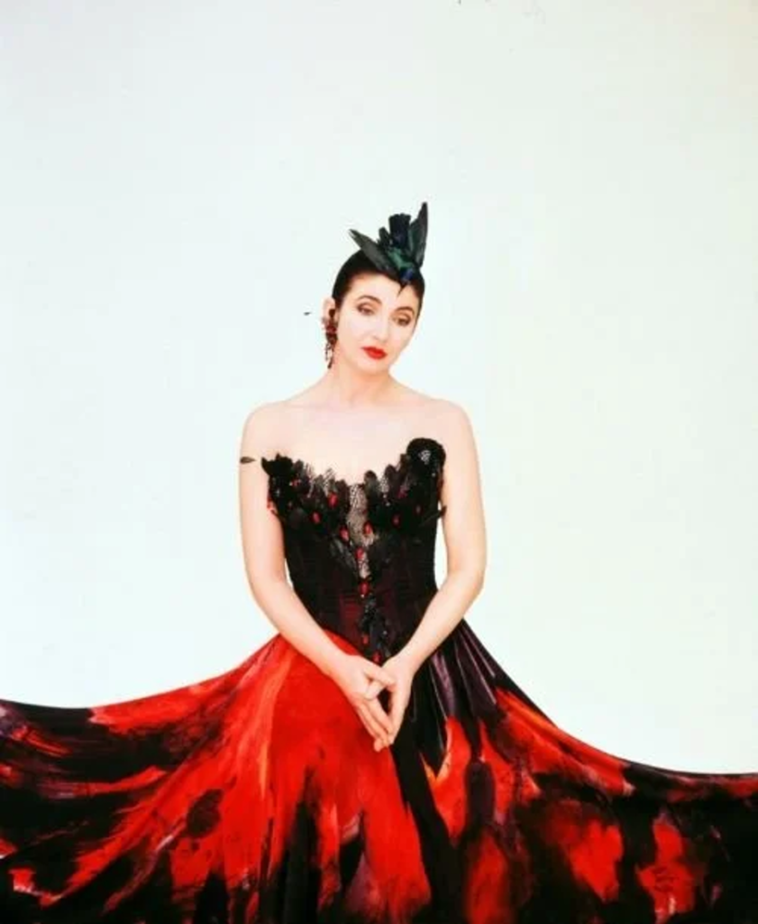 Anthony Crickmay photo of Kate, 1993 – blackbird headpiece and feather costume detailing.