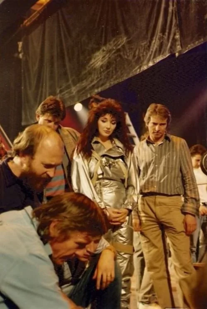 Kate and crew on The Big Sky video shoot, March 1986