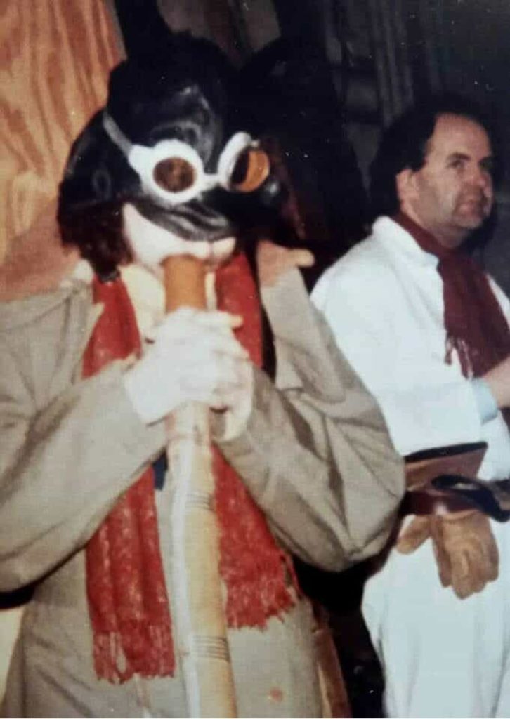 Paddy Bush (with didgeridoo) and Peter Fitzgerald-Morris of HomeGround in costume on the set of The Big Sky video