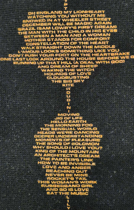 Kate Bush Remastered Hoodie with soundwave song titles design (detail)