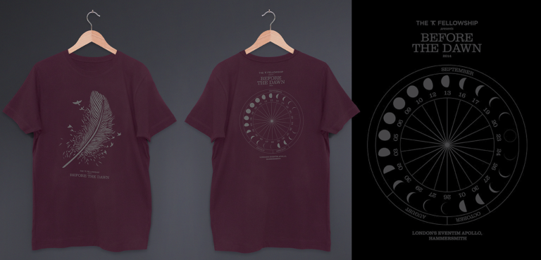 Before the Dawn Feather/Birds design t-shirt with moon cycle of tour dates on back print – designed by Jordan Atkinson
