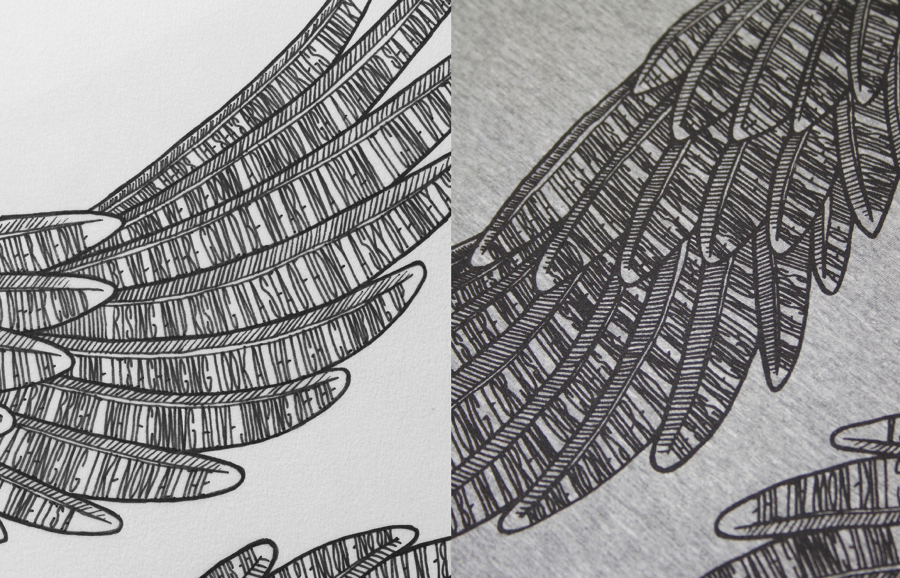 Detail of final design for the Before the Dawn ‘Nocturn’ t-shirt with song lyrics incorporated into the feathers – designed by Jordan Atkinson