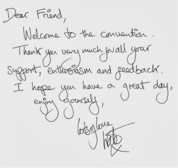 Kate’s message to fans in the 1985 convention programme.