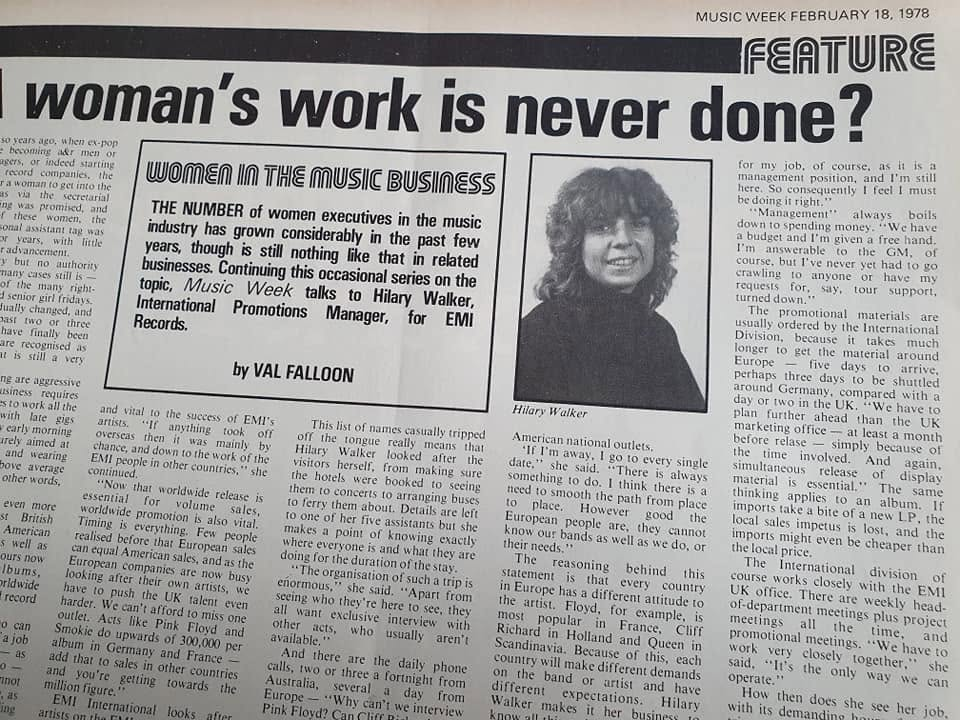 Hilary Walker interview in the February 18th 1978 issue of Music Week about women executives in the music industry.